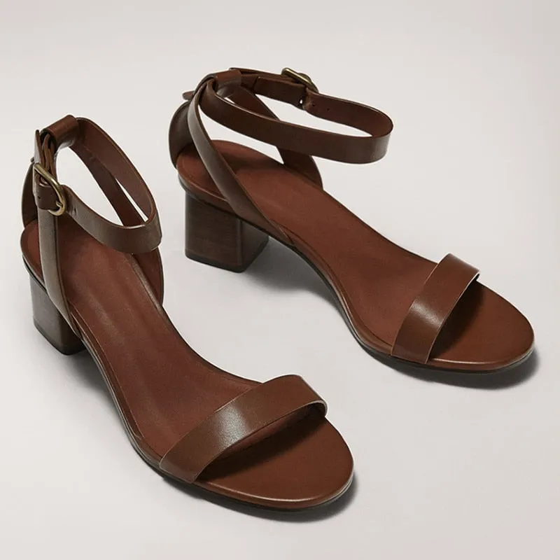 2023 Summer Brown Leather Ankle Strap Sandals For Women Open Toe Gladiator Sandals Women Rome Buckle High Heels Women Sandals