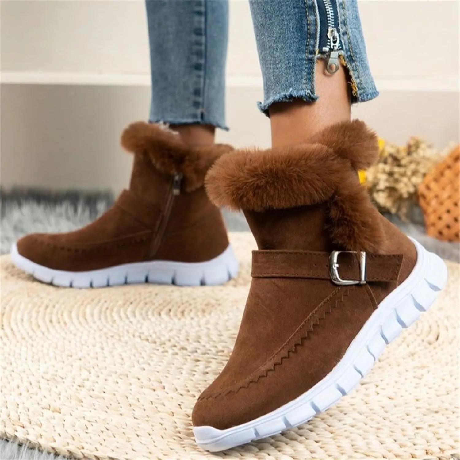 Ankle Boots For Women Comfy Warm Fur Lined Winter Snow Boots Outdoor Short Booties Slip On Comfortable Loafers Shoes