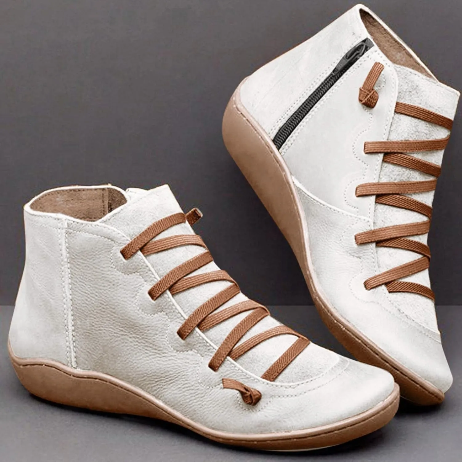 Ankle Boots for Women No Heel,2019 New Arch Support Boots Side Zipper Vintage Leather Damping Shoes Flat Heel Booties