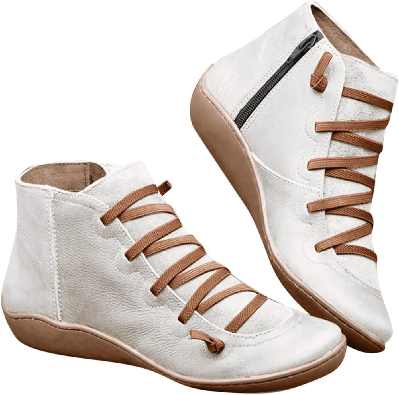 Ankle Boots for Women No Heel,2019 New Arch Support Boots Side Zipper Vintage Leather Damping Shoes Flat Heel Booties