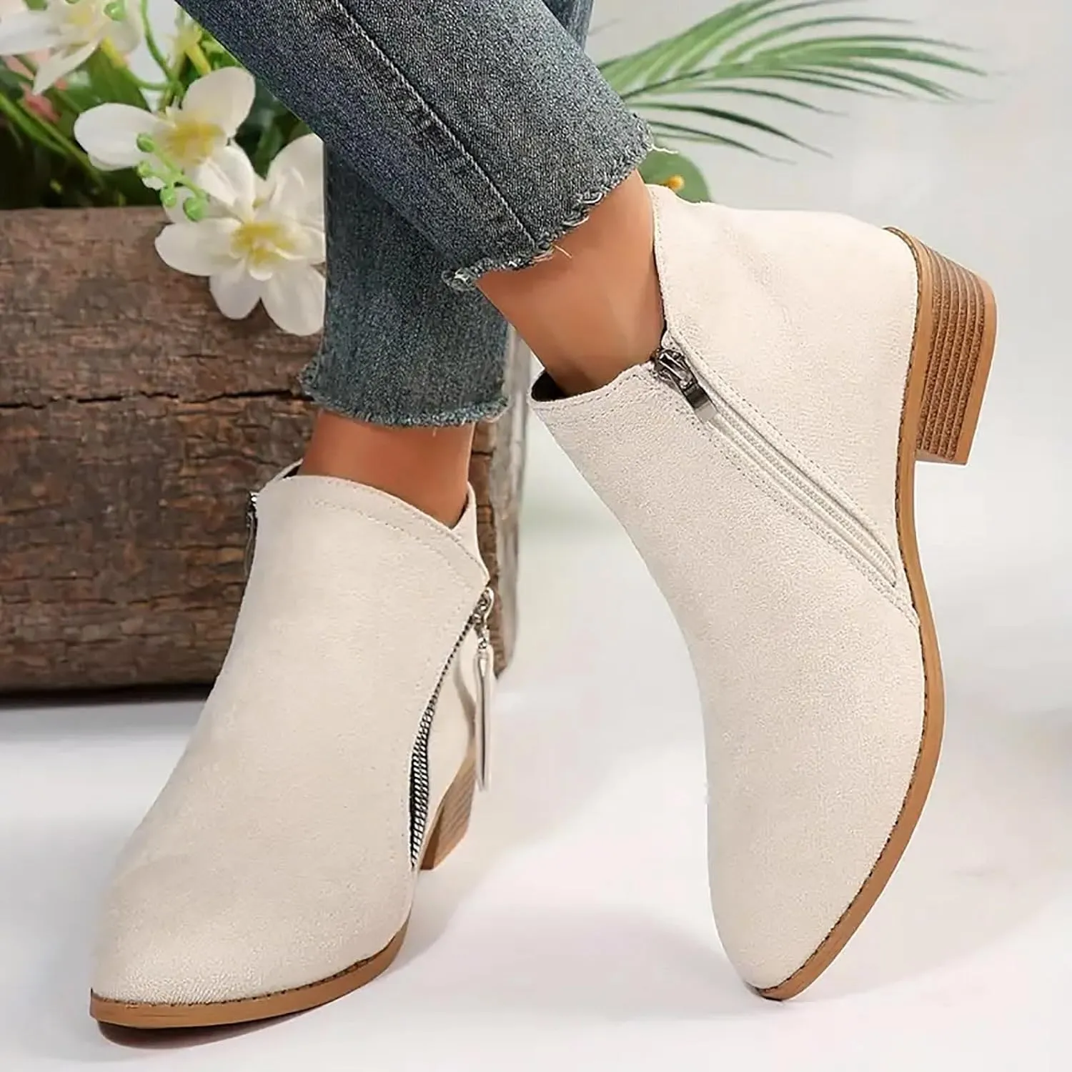 Ankle Boots Suede Short Boots Women Shoes Fashion Comfortable Square Low Heels Suede Flock Pointed Toe Non Slip