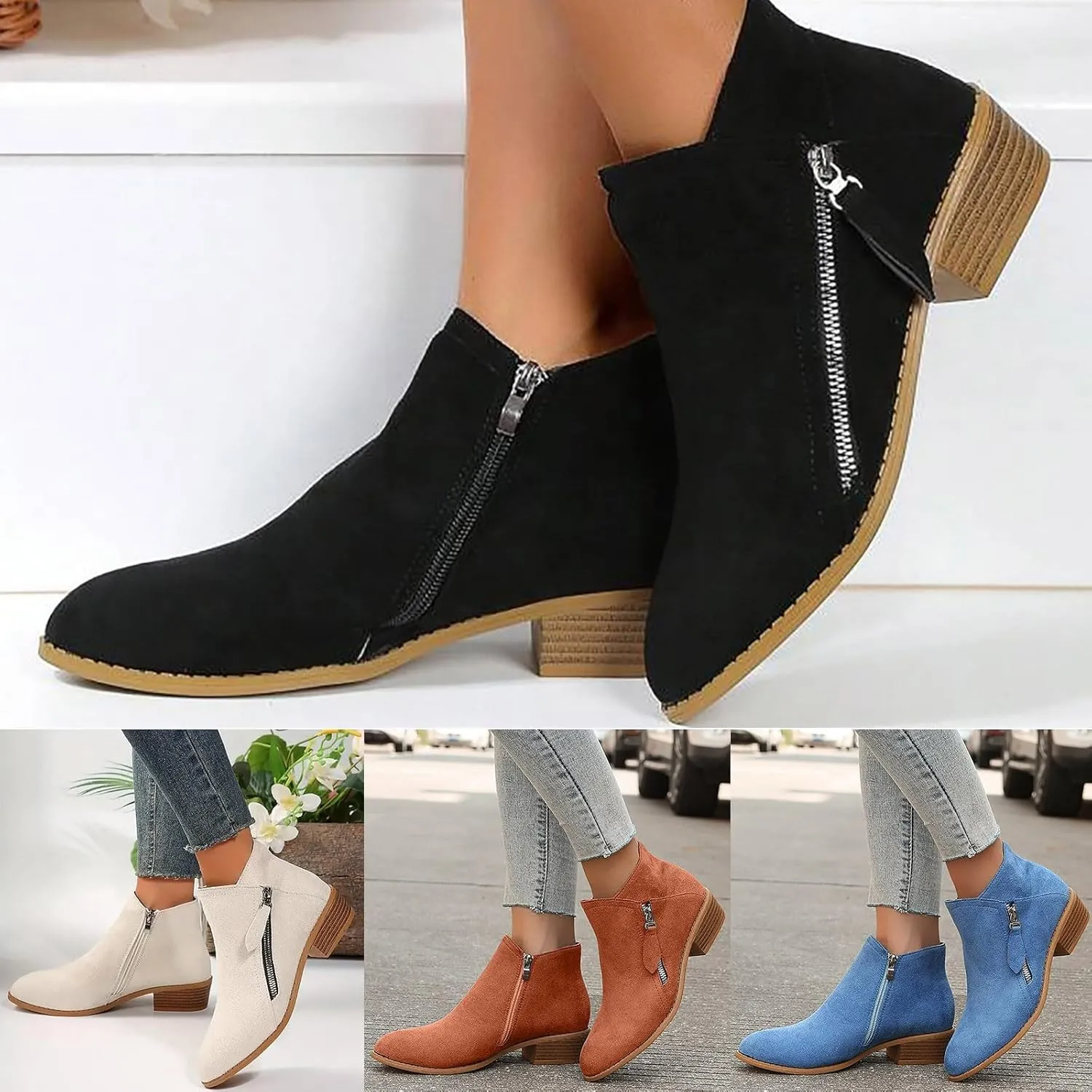 Ankle Boots Suede Short Boots Women Shoes Fashion Comfortable Square Low Heels Suede Flock Pointed Toe Non Slip