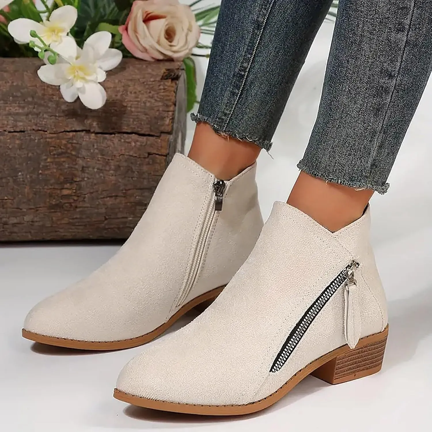 Ankle Boots Suede Short Boots Women Shoes Fashion Comfortable Square Low Heels Suede Flock Pointed Toe Non Slip