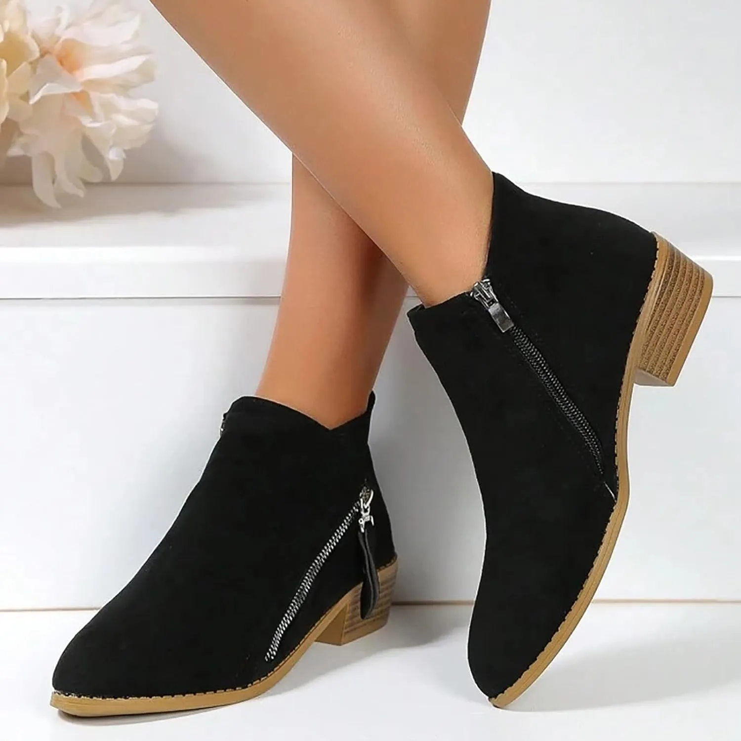 Ankle Boots Suede Short Boots Women Shoes Fashion Comfortable Square Low Heels Suede Flock Pointed Toe Non Slip