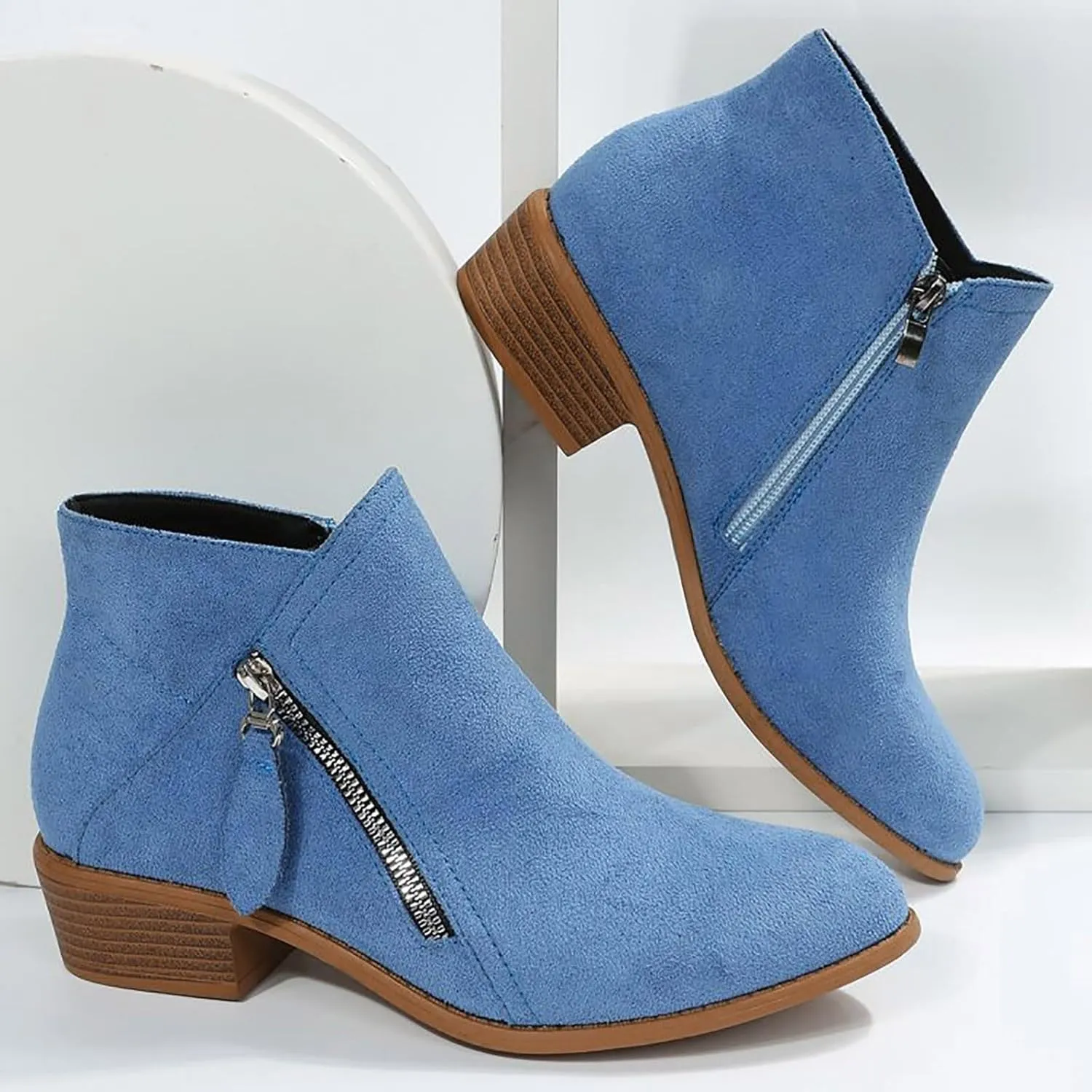 Ankle Boots Suede Short Boots Women Shoes Fashion Comfortable Square Low Heels Suede Flock Pointed Toe Non Slip