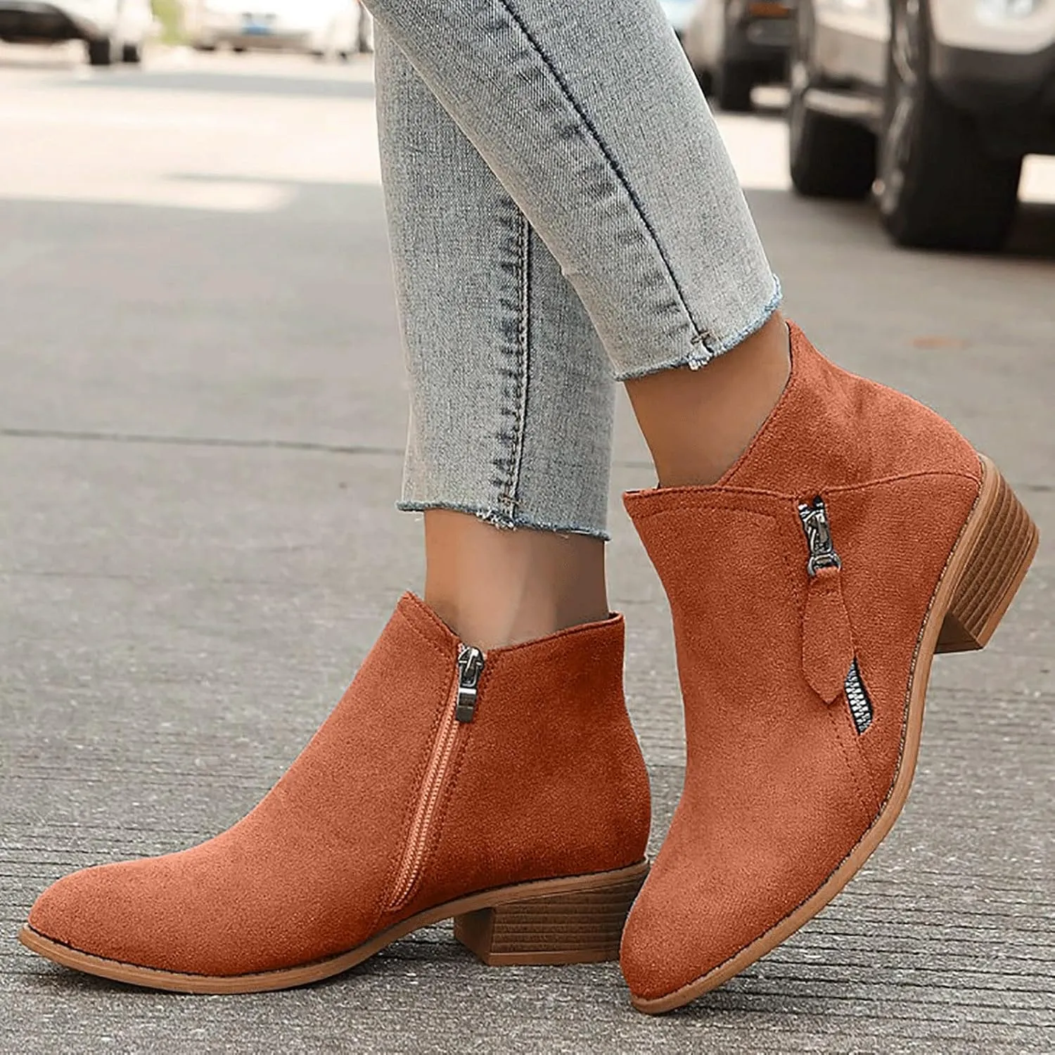 Ankle Boots Suede Short Boots Women Shoes Fashion Comfortable Square Low Heels Suede Flock Pointed Toe Non Slip