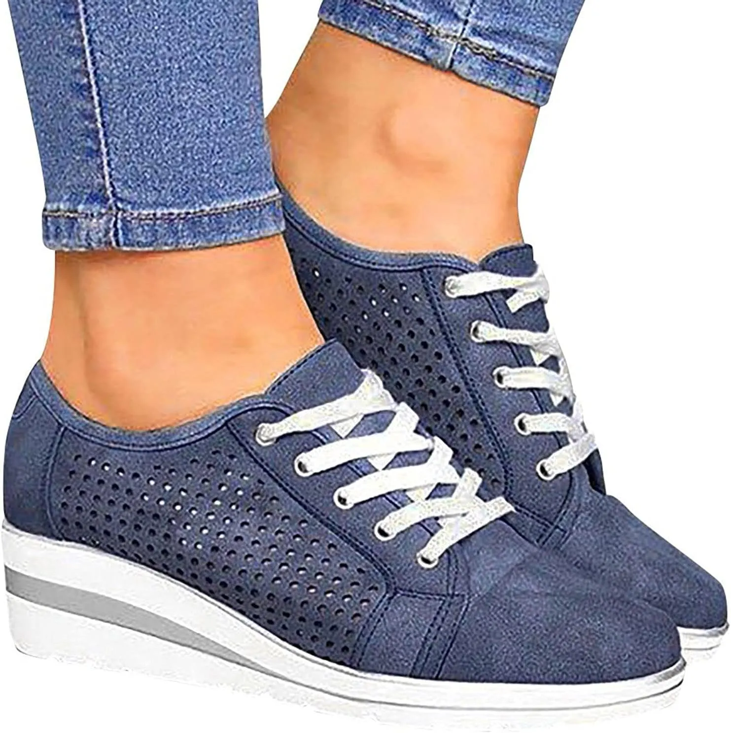 Bamboo Store Women Casual Shoes 9 New Women's Increased Shoes Mid-Heel Lace-up Casual Shoes Breathable Business Shoes Men