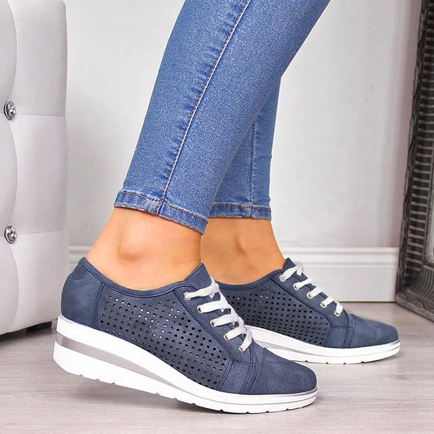 Bamboo Store Women Casual Shoes 9 New Women's Increased Shoes Mid-Heel Lace-up Casual Shoes Breathable Business Shoes Men