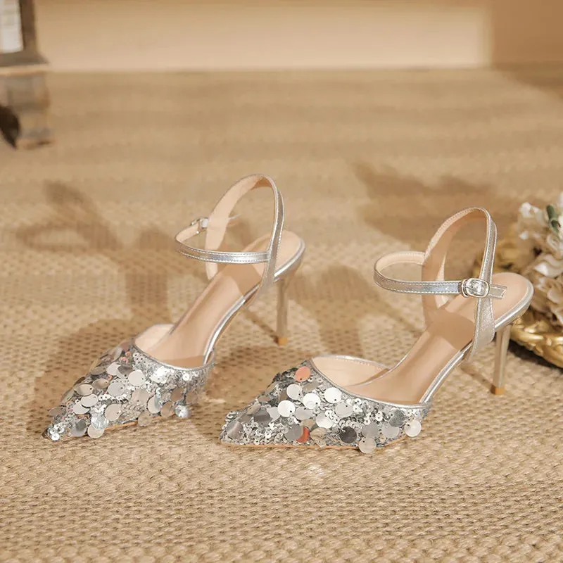 binfenxie  - 2024 6cm 8cm Summer Women's heels Sequin buckle stilettos  PROM Party high-heeled sandals Comfortable women's  Graduation Heels