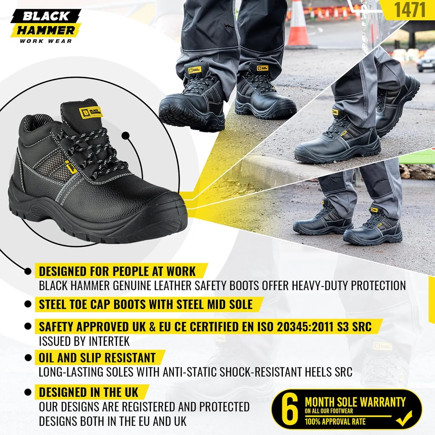 Black Hammer Safety Boots Steel Toe Cap Mens Oil & Slip Resistant S3 SRC Work Shoes 1471 Black