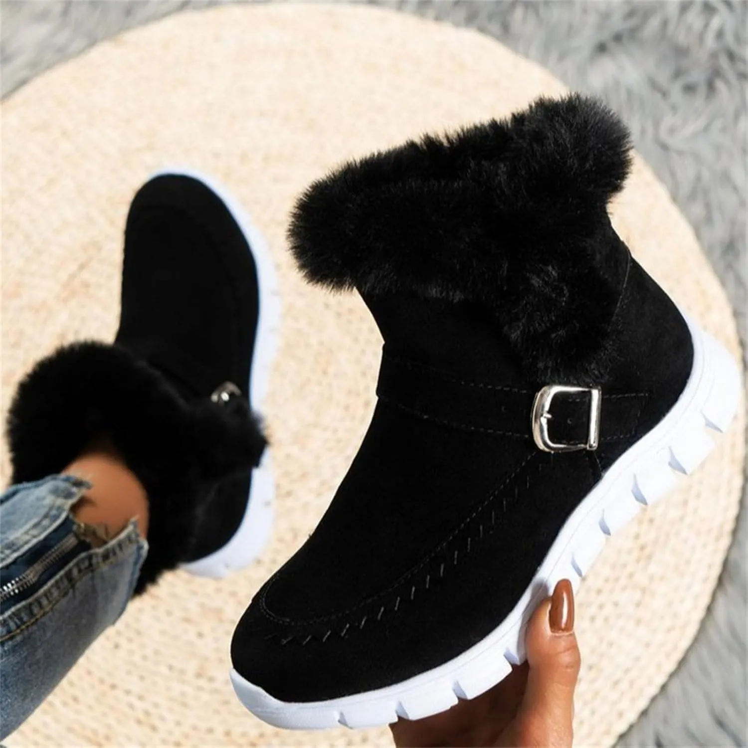 Boots For Women Ankle Booties With Fur Lined Snow Boots Anti-Slip Outdoor Winter Boots Warm Comfortable Loafers Shoes