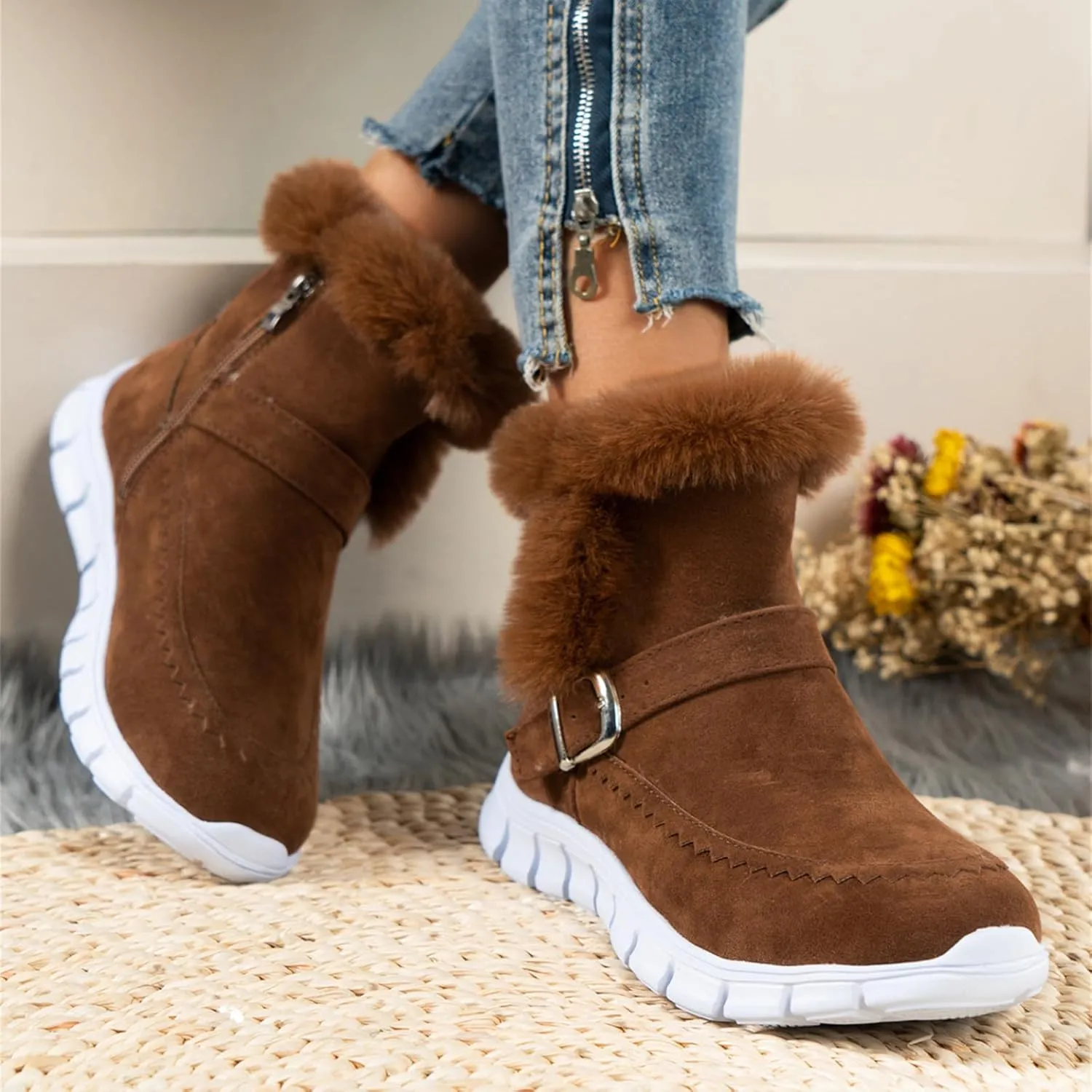 Boots For Women Ankle Booties With Fur Lined Warm Snow Winter Boots Comfortable Casual Fashion Trendy Loafers Shoes
