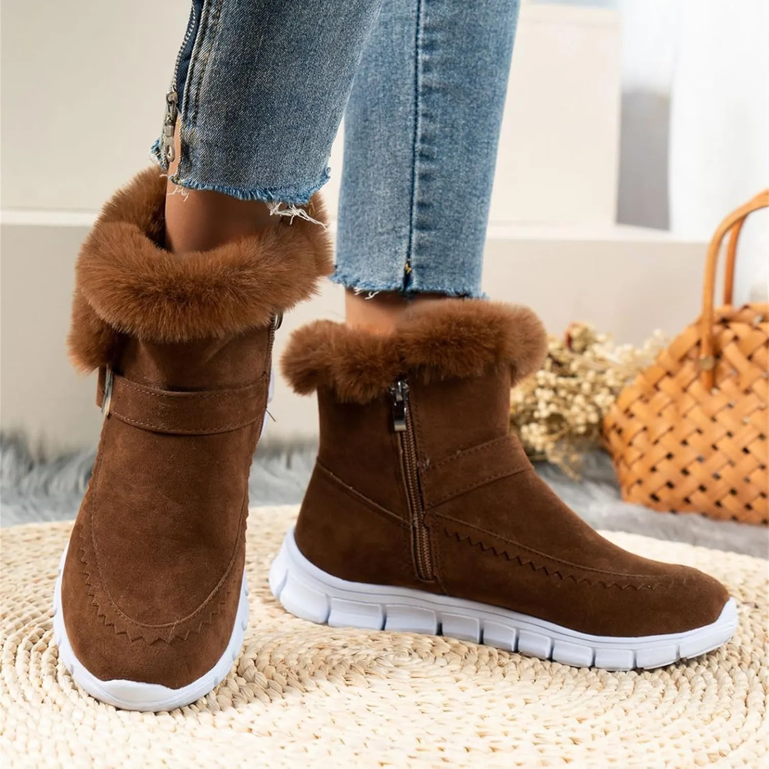Boots For Women Ankle Booties With Fur Lined Warm Snow Winter Boots Comfortable Casual Fashion Trendy Loafers Shoes