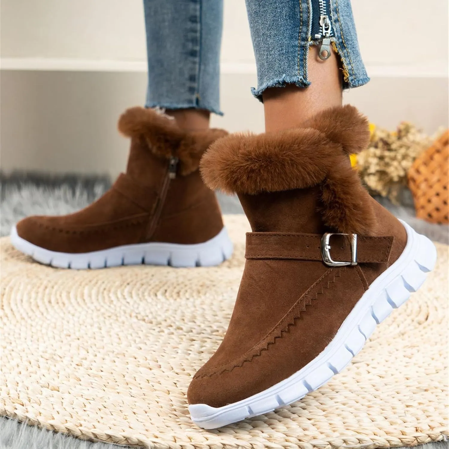Boots For Women Ankle Booties With Fur Lined Warm Snow Winter Boots Comfortable Casual Fashion Trendy Loafers Shoes