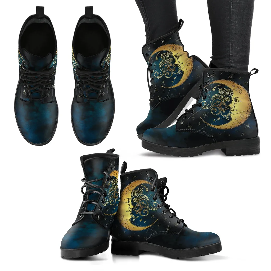 Celestial Moon Handcrafted Vegan Leather Combat Boots