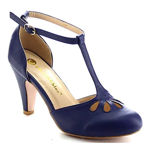 Chase & Chloe Kimmy-36 Navy Pu FashionTeardrop Cut Out T-Strap Dress Pumps