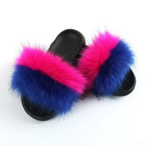 Chicvane Girls Striped Color Block Faux Fur Open Toe Fluffy Flat Sleeper Slides