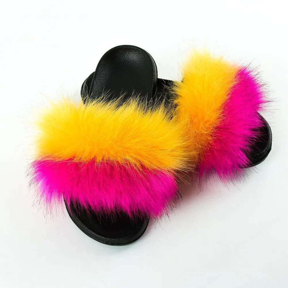 Chicvane Girls Striped Color Block Faux Fur Open Toe Fluffy Flat Sleeper Slides