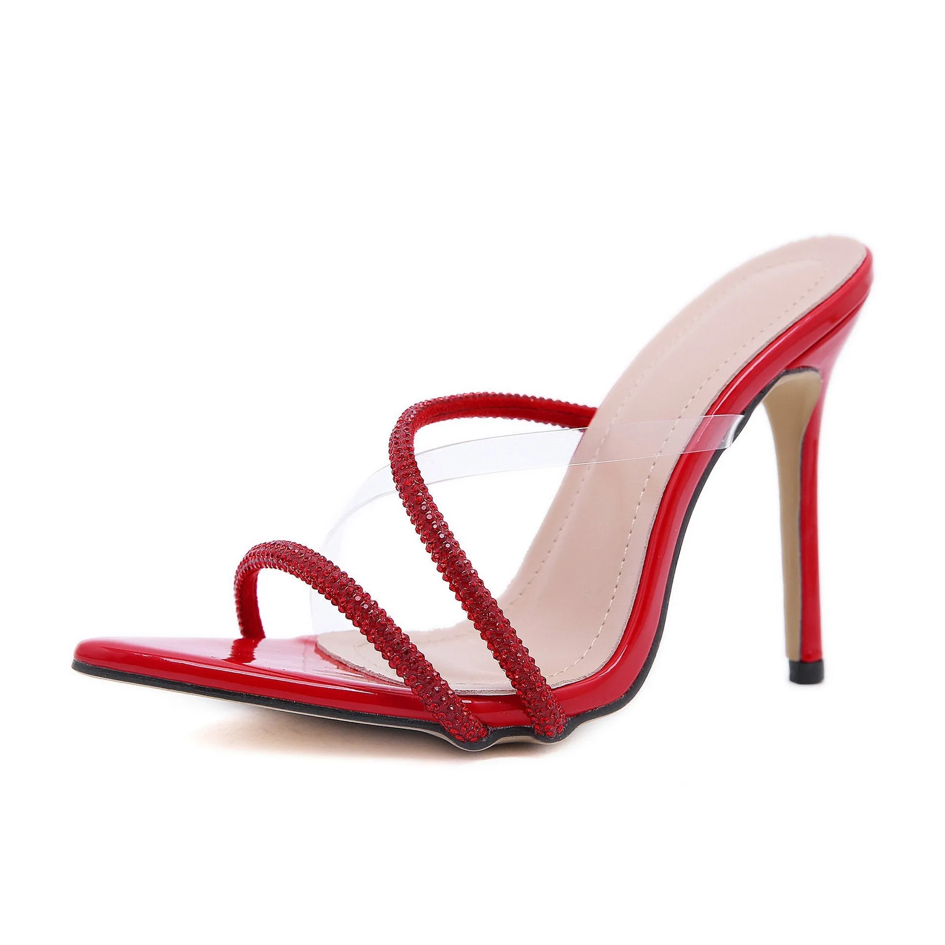 Chicvane Rhinestone Open Toe Stilettos Pointed Toe Slide Sandals