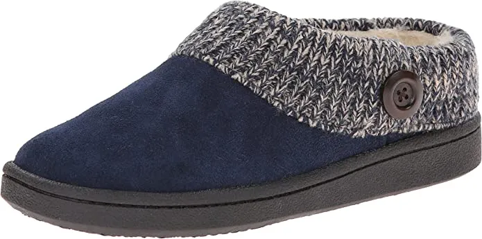 Clarks Navy Knitted Slip On Rounded Toe Furry Collar Spring Clog Mules