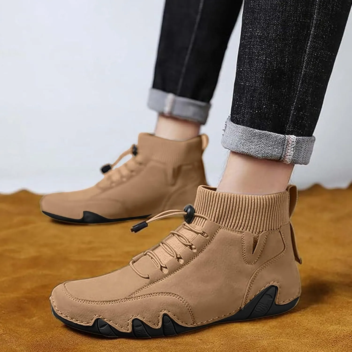 Couple's High Top Casual Shoes Casual Leather Water Proof Boots Splicing Leather Shoes Soft Soled Semi Casual Shoes Men