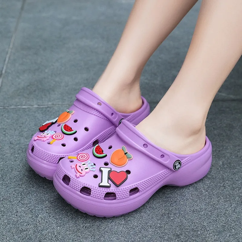 Cute Purple Woman Clogs Chunky Fruit Pattern Womens Platform Sandals Hollow Out Fashion Women's Wedge Sandals zuecos sanitarios