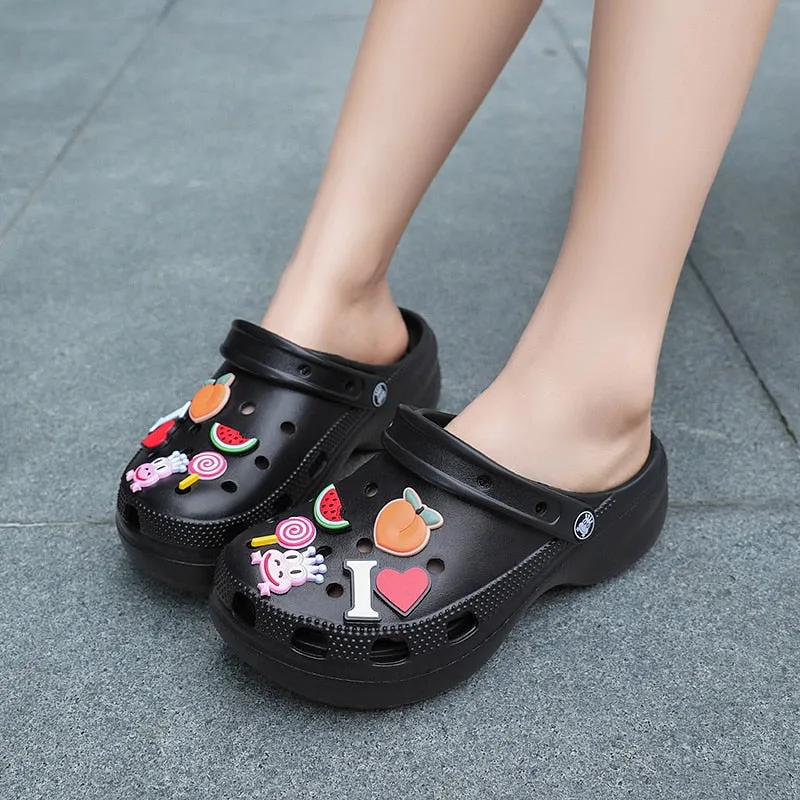 Cute Purple Woman Clogs Chunky Fruit Pattern Womens Platform Sandals Hollow Out Fashion Women's Wedge Sandals zuecos sanitarios
