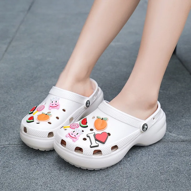 Cute Purple Woman Clogs Chunky Fruit Pattern Womens Platform Sandals Hollow Out Fashion Women's Wedge Sandals zuecos sanitarios