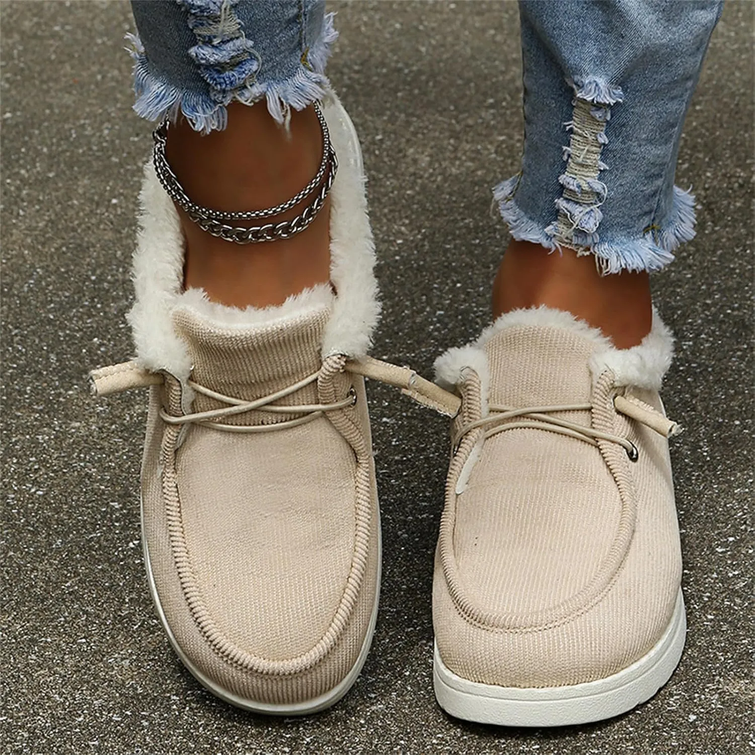 Cute Winter Boots For Women Fashion Snow Boots with Fur Lined Warm Slip On Casual Fuzzy Loafers Shoes Ankle Booties