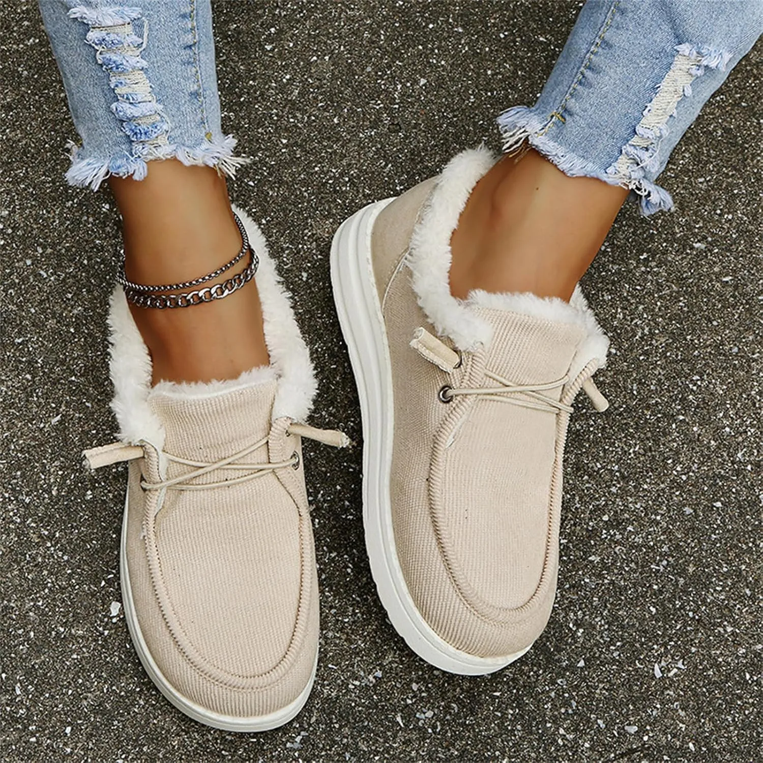 Cute Winter Boots For Women Fashion Snow Boots with Fur Lined Warm Slip On Casual Fuzzy Loafers Shoes Ankle Booties