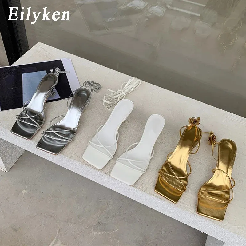 Eilyken Fashion Gold Silver Sandals Thin Low Heel Lace Up Rome Summer Gladiator Shoes for Women