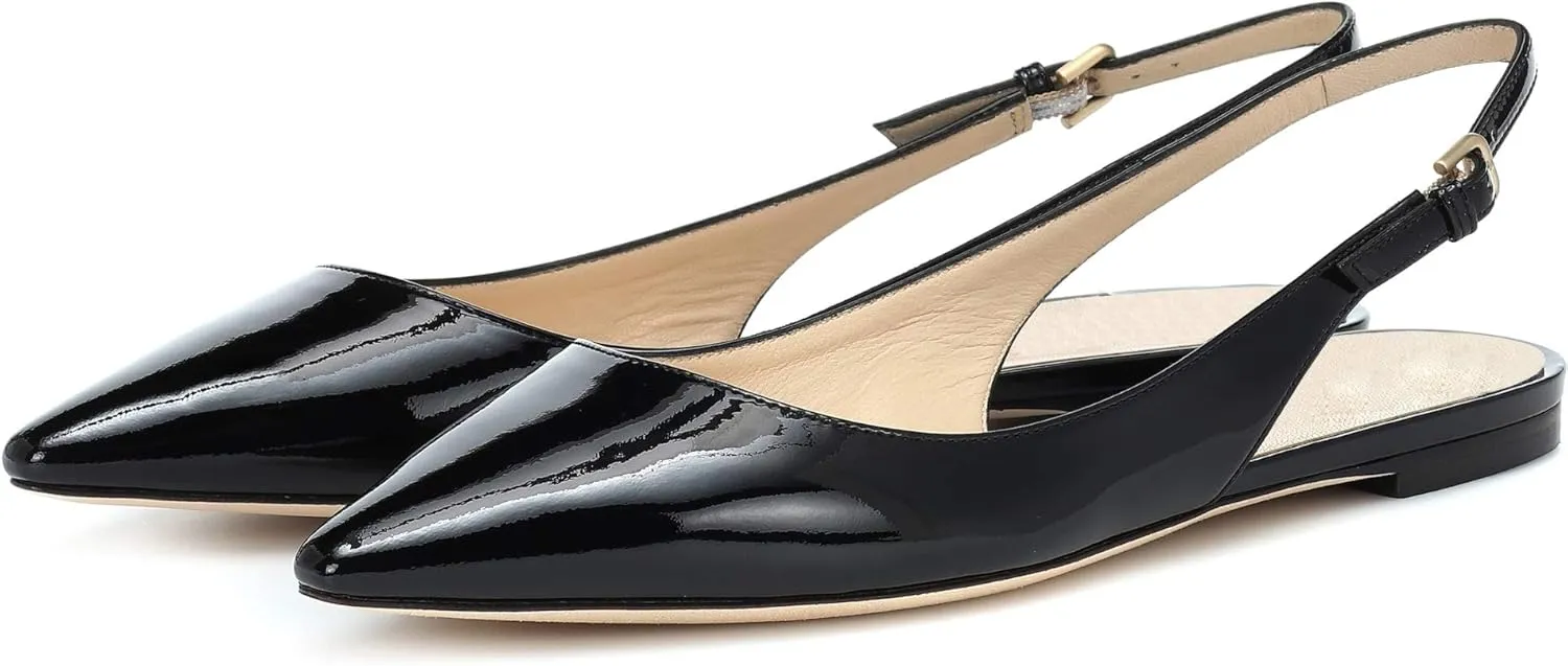 Eldof Women's Ballet Flat Pumps | Pointed Toe Slingback Flat Pumps | Closed Pointed Toe Buckled Slingback Flat