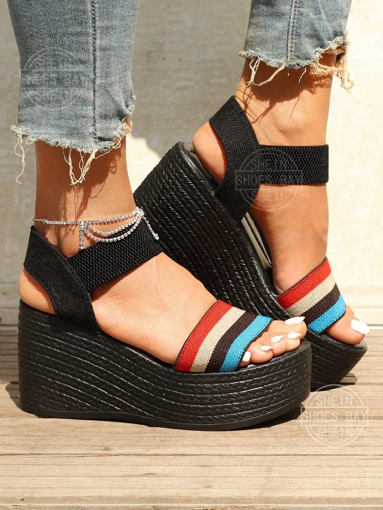 Fahionable  Bow Decor Floral Pattern Bow Decor Ankle Strap Wedge Sandals