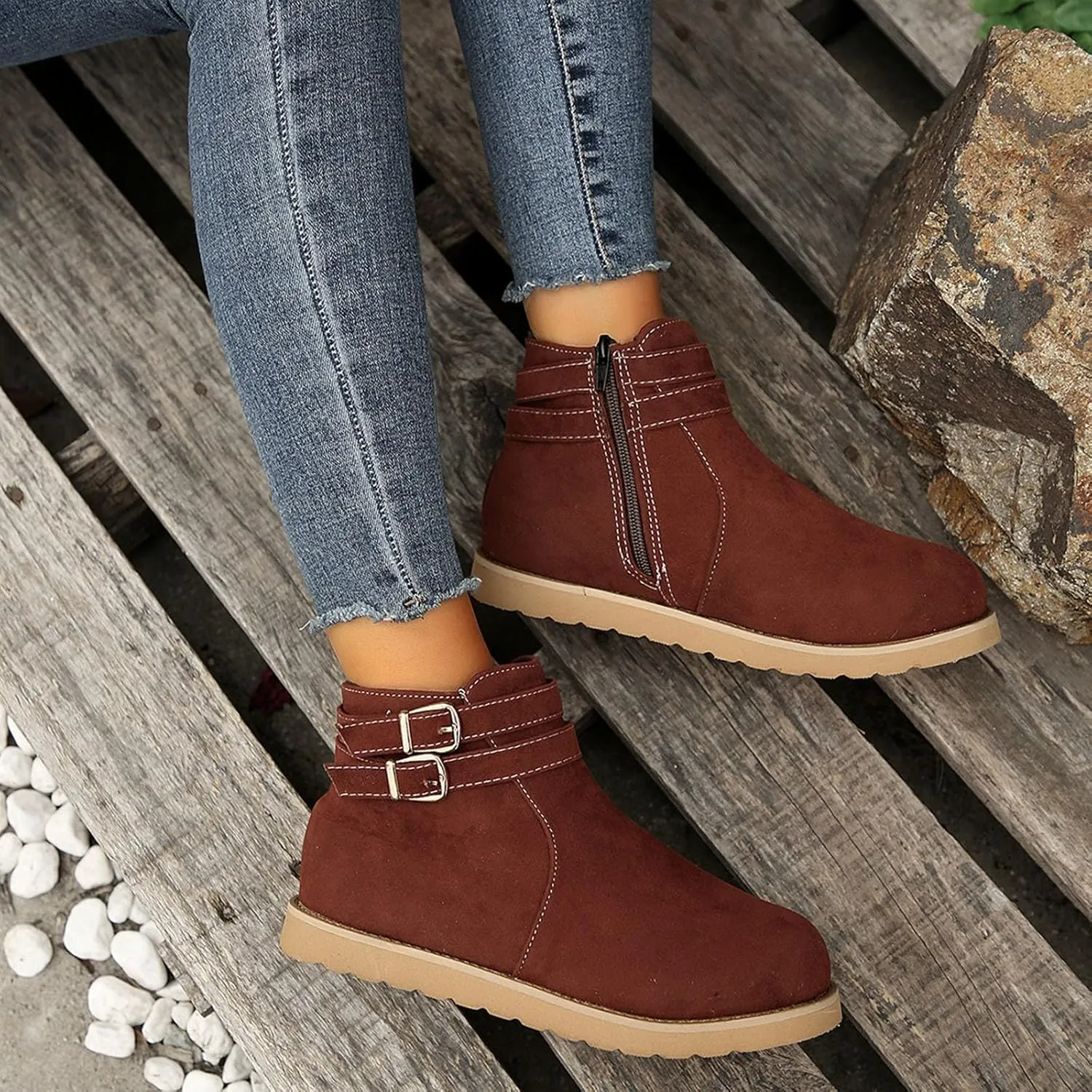 Flat Ankle Boots for Women Winter Warm Suede Short Booties Solid Comfort Walking Boot Anti-slip Almond Toe Bootie Shoes