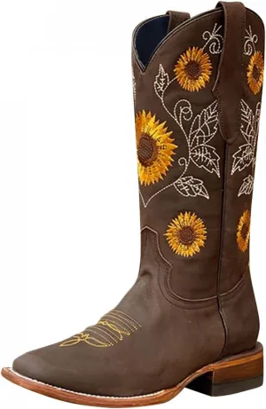Gibobby Booties for Women Embroidered Boots Sunflower Printed Mid Calf Chunky Heel Boots Western Cowgirl Boots Cowboy Boots