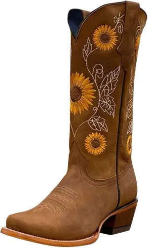 Gibobby Booties for Women Embroidered Boots Sunflower Printed Mid Calf Chunky Heel Boots Western Cowgirl Boots Cowboy Boots