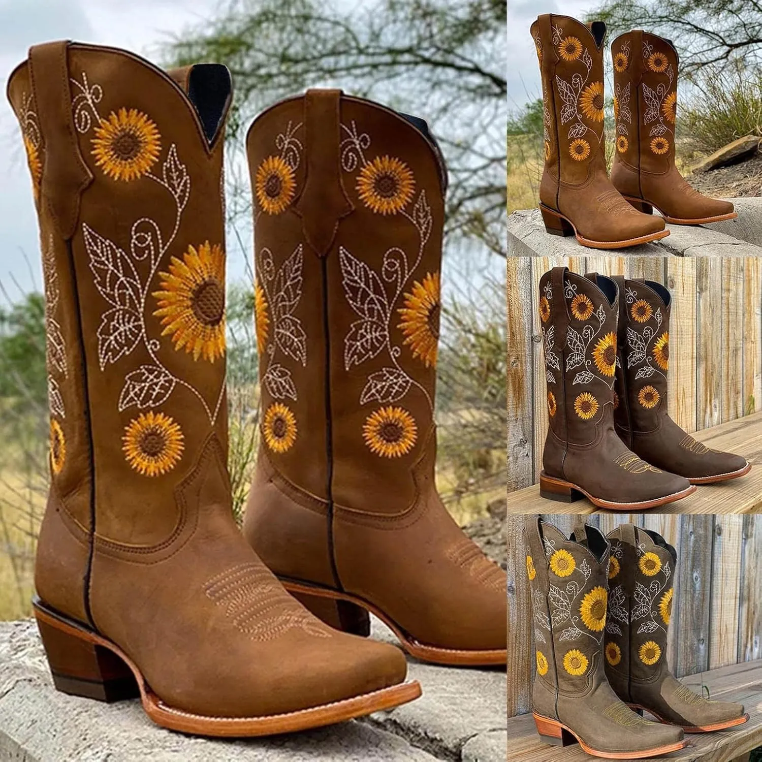 Gibobby Booties for Women Embroidered Boots Sunflower Printed Mid Calf Chunky Heel Boots Western Cowgirl Boots Cowboy Boots