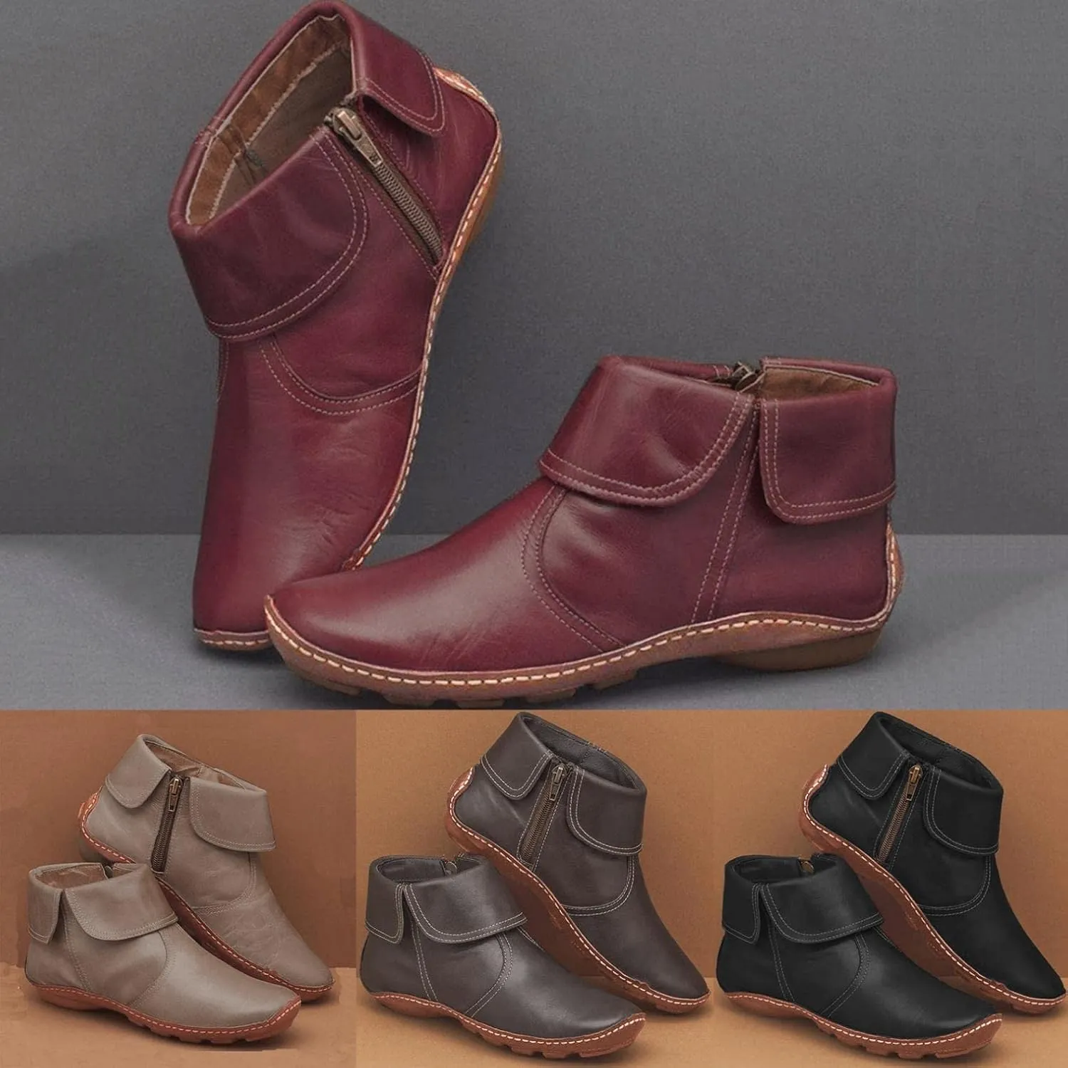 Gibobby Boots for Women Dressy Winter Casual Leather Side Zipper Round Toe Cowboy Booties Fall Flat Short Shoes Boots