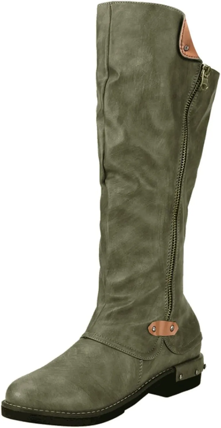 Gibobby Boots for Women Wide Calf,Retro Boots Comfy Flat Bottom Increased Combat Booties Outdoor Fringe Western Shoes