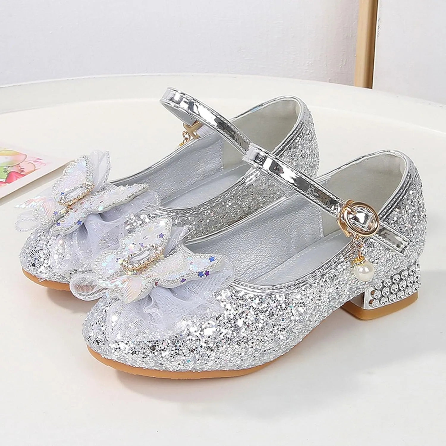 IWIHMIV Girls Dress Up Shoes Girls Dress Shoes Mary Jane Shoes for Girls Low Heel Princess Hook and Loop Dress Shoes Party Wedding
