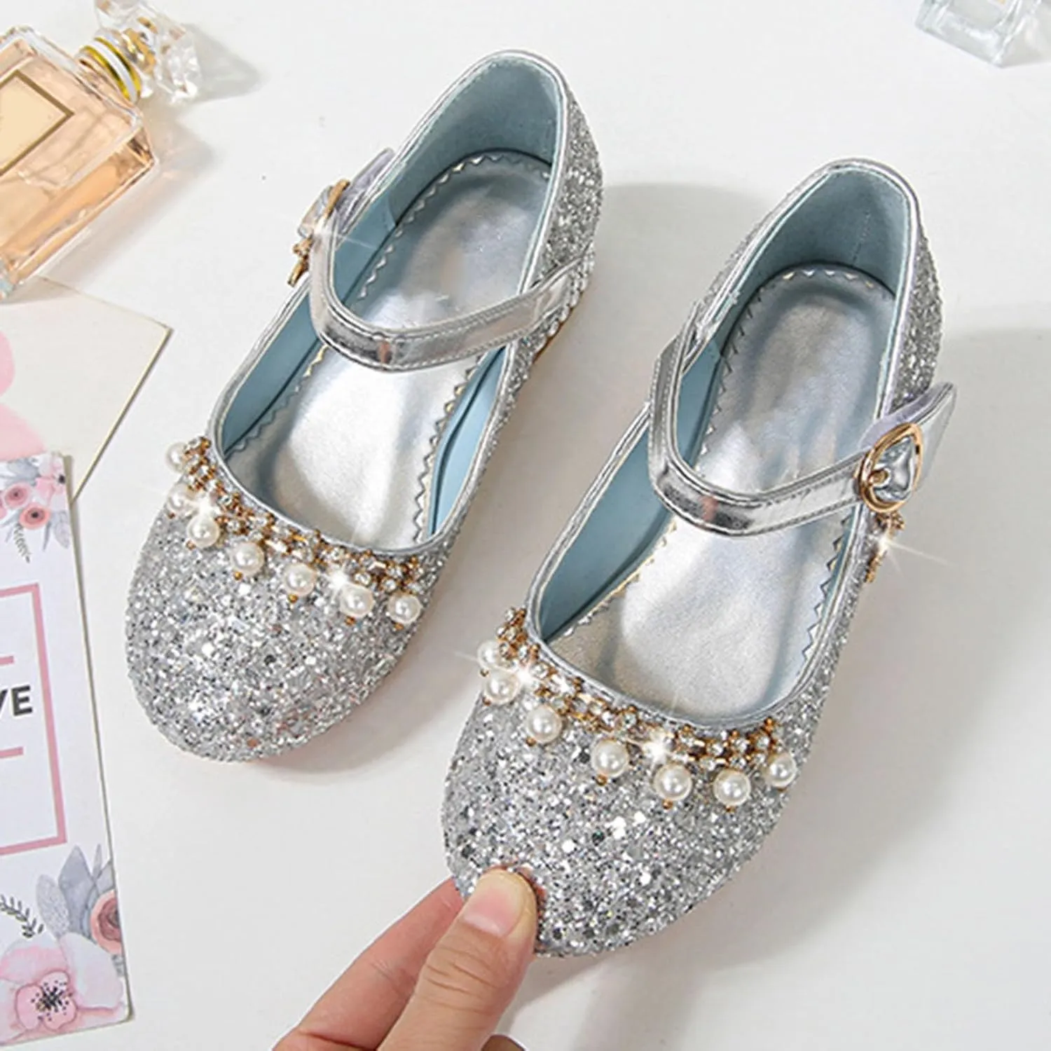 IWIHMIV Girls Dress Up Shoes Girls Dress Shoes Mary Jane Shoes for Girls Low Heel Princess Hook and Loop Dress Shoes Party Wedding