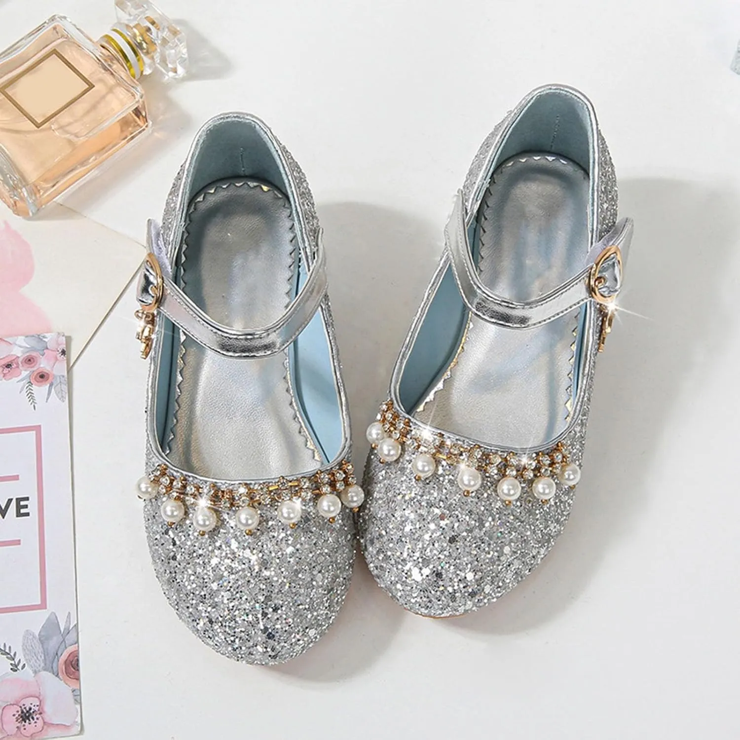 IWIHMIV Girls Dress Up Shoes Girls Dress Shoes Mary Jane Shoes for Girls Low Heel Princess Hook and Loop Dress Shoes Party Wedding