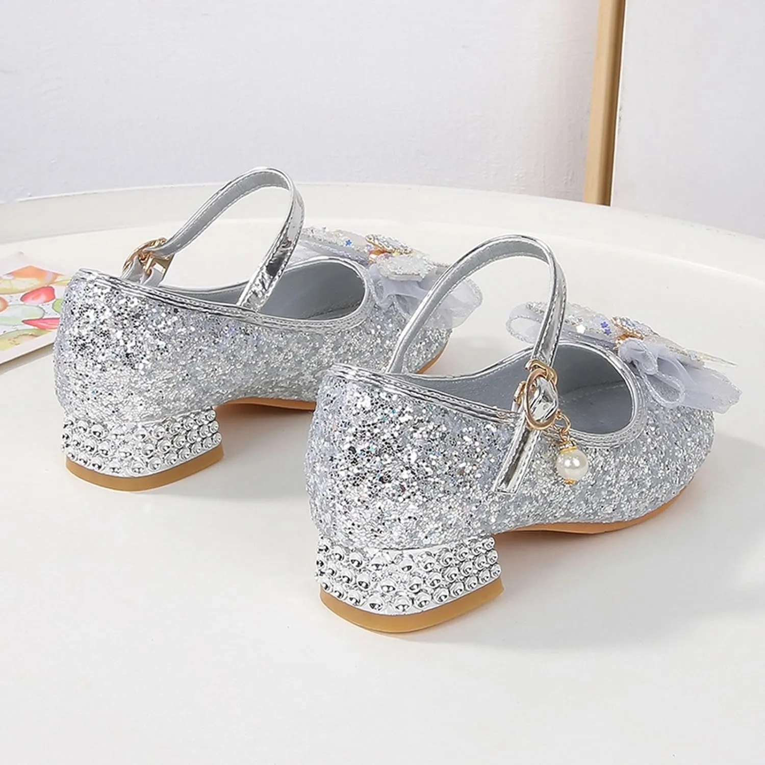 IWIHMIV Girls Dress Up Shoes Girls Dress Shoes Mary Jane Shoes for Girls Low Heel Princess Hook and Loop Dress Shoes Party Wedding
