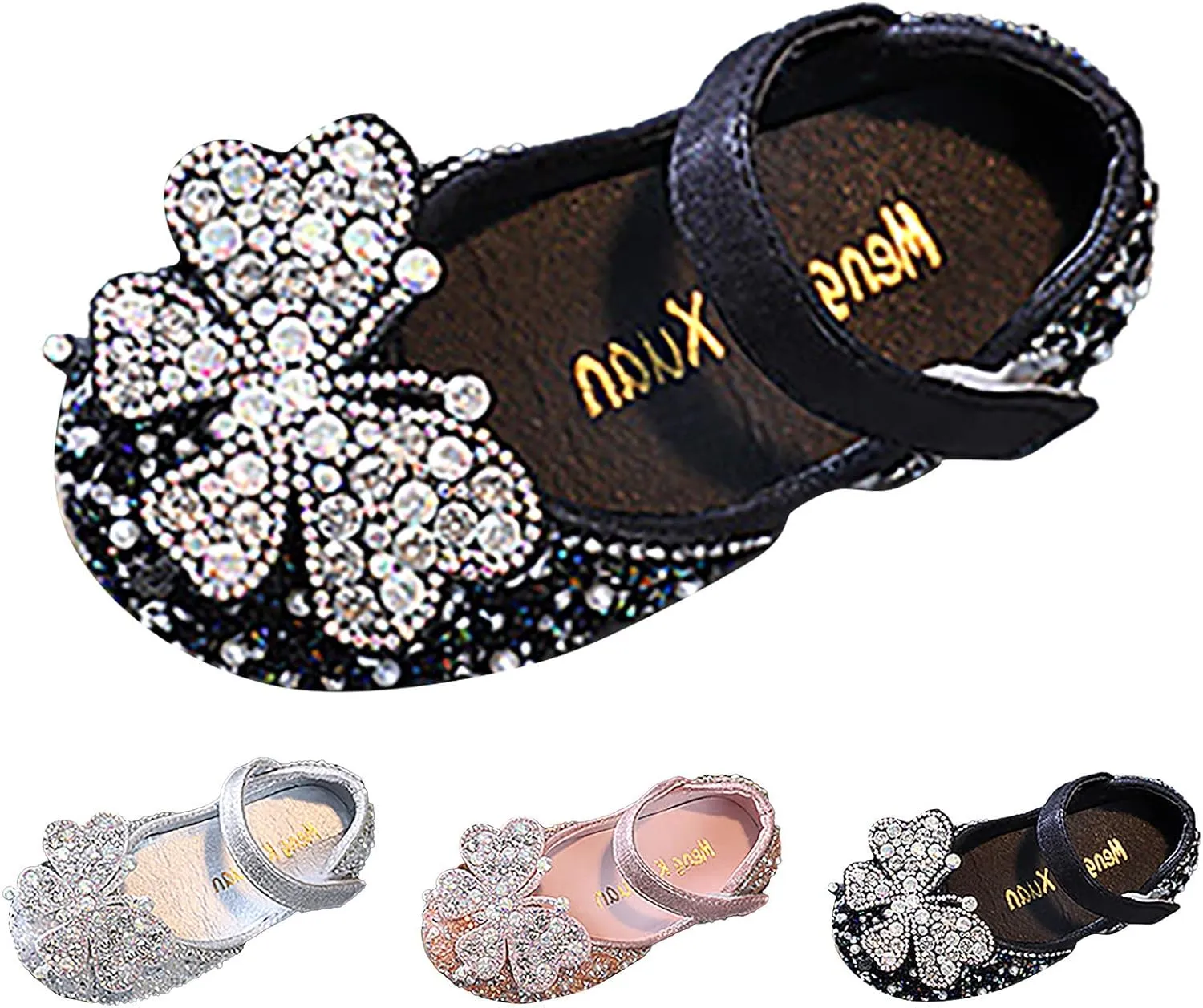IWIHMIV Girls Mary Jane Dress Shoes Ballet Flat with Bow Pearl Rhinestones Shining Baby Girls Shoes