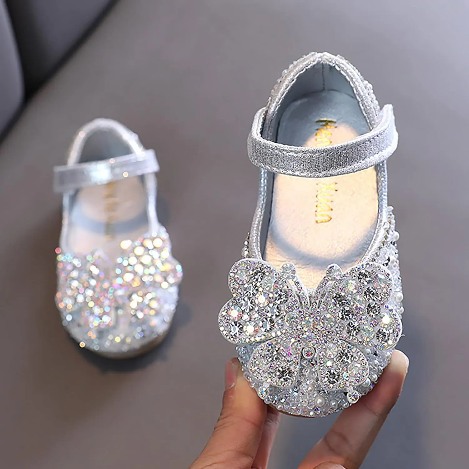 IWIHMIV Girls Mary Jane Dress Shoes Ballet Flat with Bow Pearl Rhinestones Shining Baby Girls Shoes