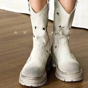 Joskaa Cowboy Boots Women Shoes Mid Calf Western New Rock Comfortable and Elegant Barefoot Hollow Out Engrave Retro Chunky Hot Designer