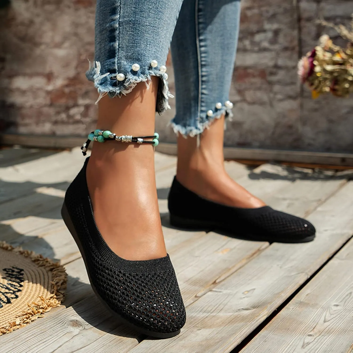 Ladies Fashion Solid Color Breathable Mesh Shallow Mouth Comfortable Flat Casual Shoes Comfortable Low Heel (Black, 9)