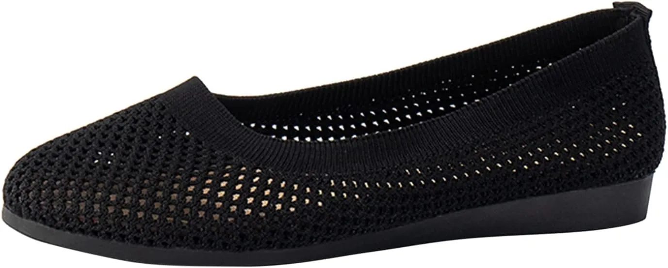 Ladies Fashion Solid Color Breathable Mesh Shallow Mouth Comfortable Flat Casual Shoes Comfortable Low Heel (Black, 9)