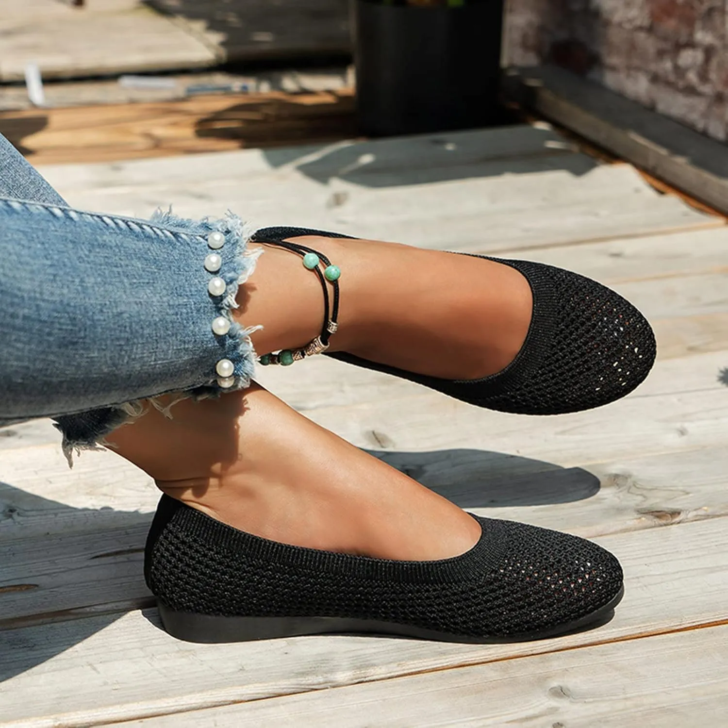 Ladies Fashion Solid Color Breathable Mesh Shallow Mouth Comfortable Flat Casual Shoes Comfortable Low Heel (Black, 9)