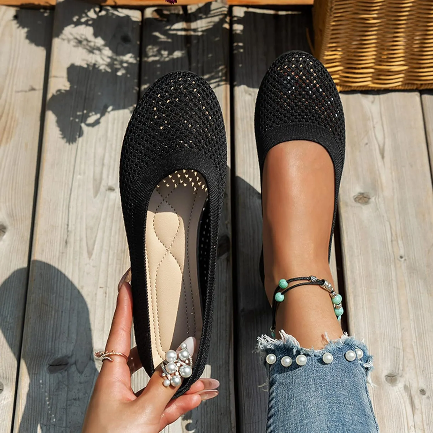 Ladies Fashion Solid Color Breathable Mesh Shallow Mouth Comfortable Flat Casual Shoes Comfortable Low Heel (Black, 9)